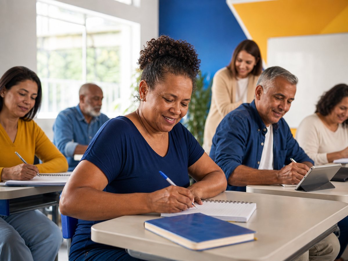 Adultos estudando para concluir os estudos